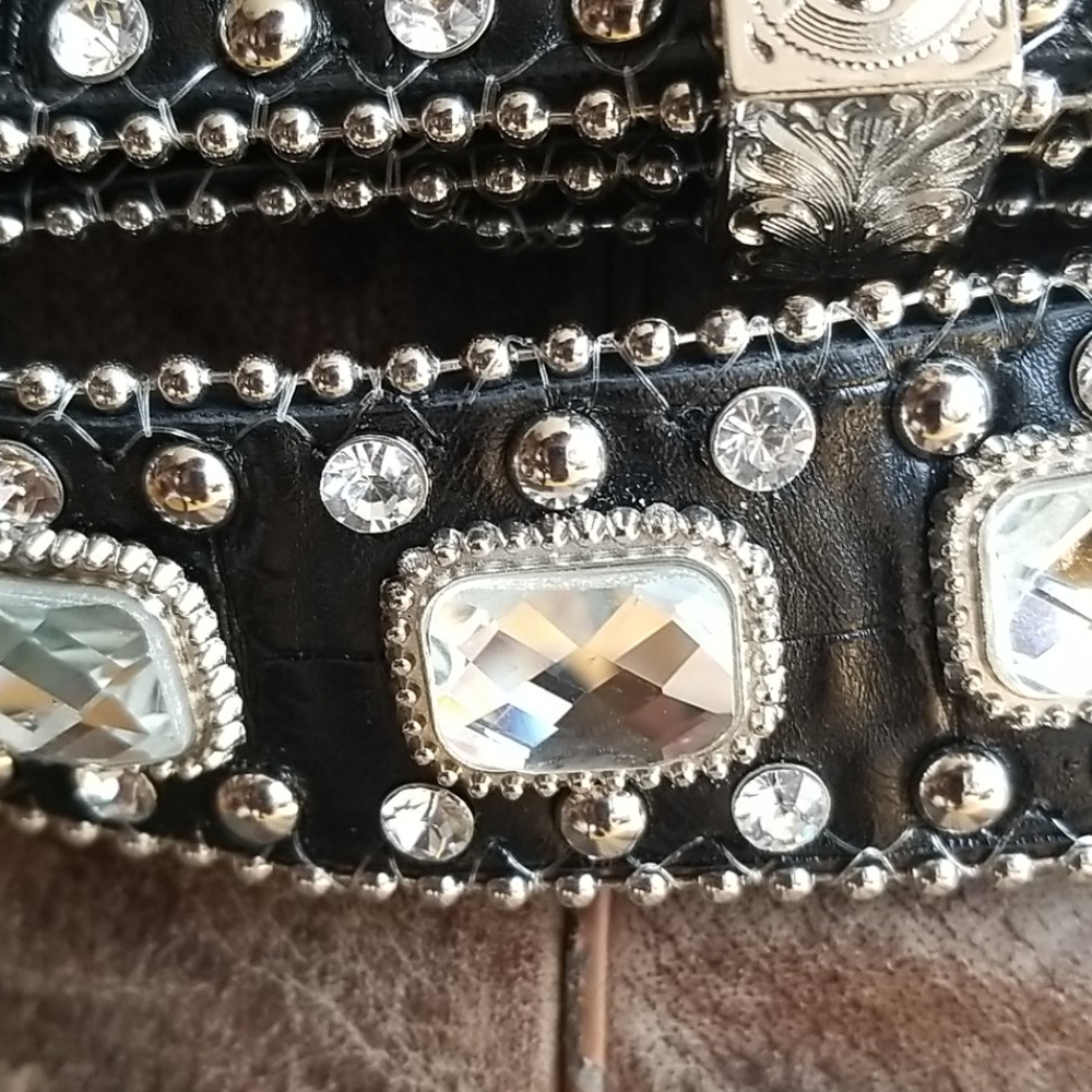 Genuine Leather Southwestern Interchangeable Buckle Rhinestone Silvertone - Picture 8 of 14